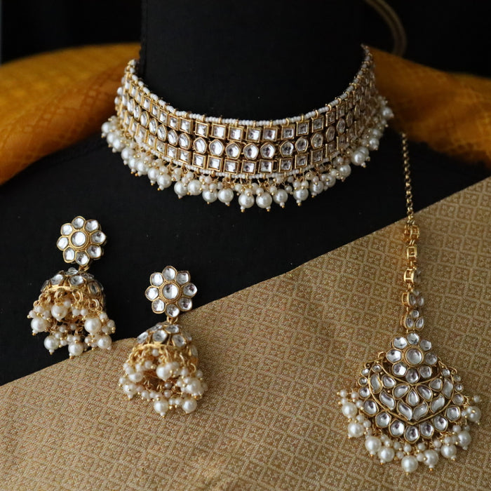 Heera white Kundan stone and pearls necklace with earrings and tikka 1711122