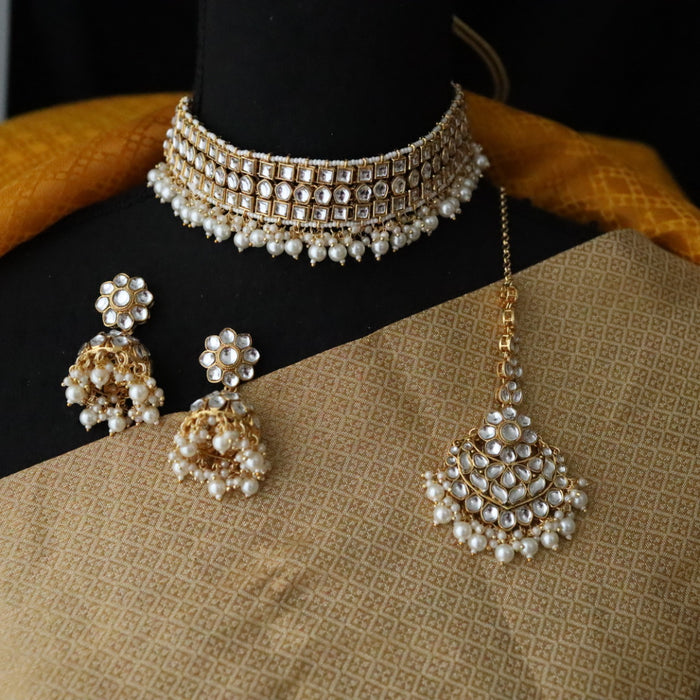 Heera white Kundan stone and pearls necklace with earrings and tikka 1711122