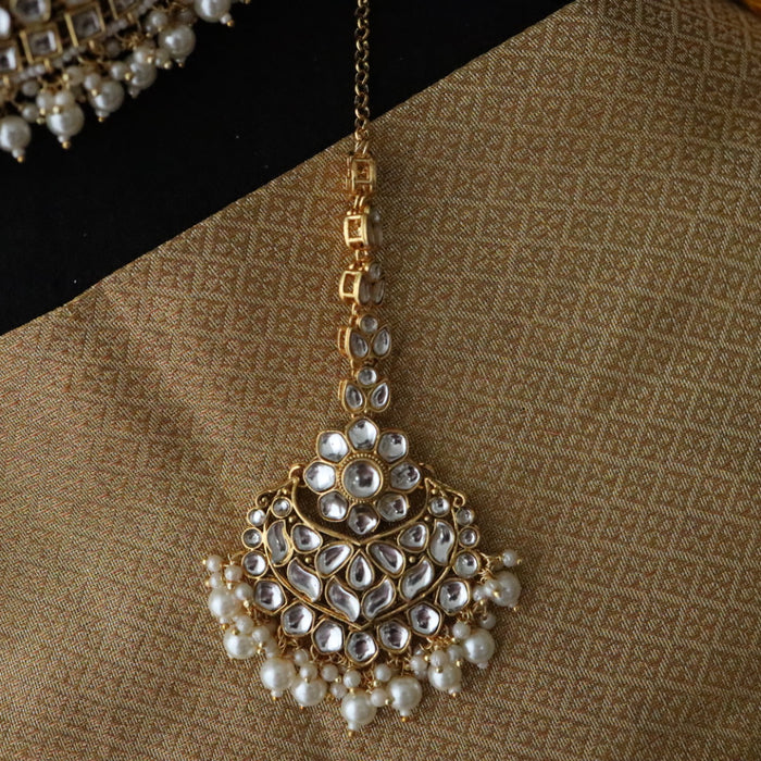 Heera white Kundan stone and pearls necklace with earrings and tikka 1711122