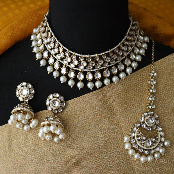 Heera white Kundan stone and pearls necklace with earrings and tikka 176322112