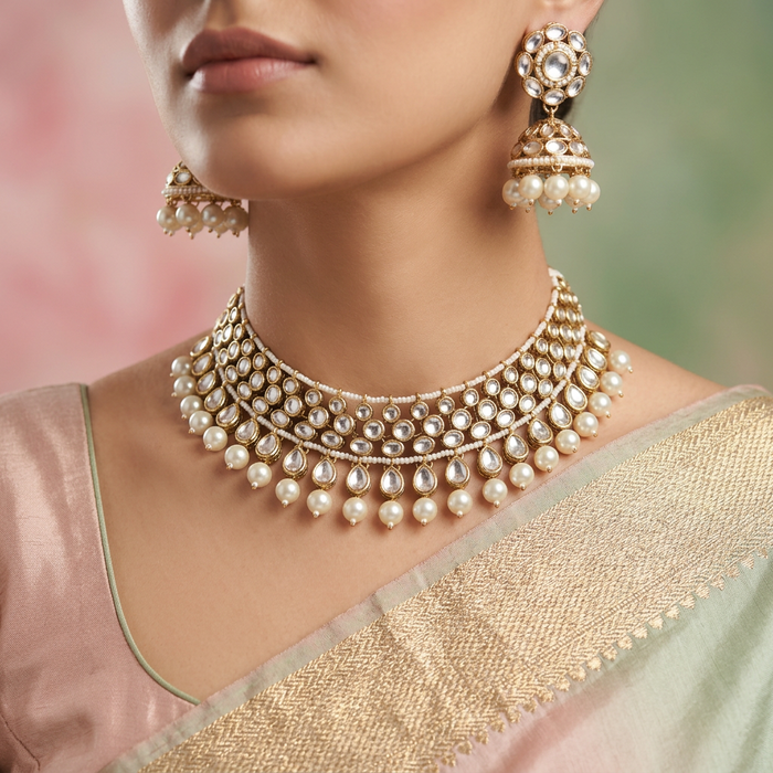 Heera white Kundan stone and pearls necklace with earrings and tikka 176322112