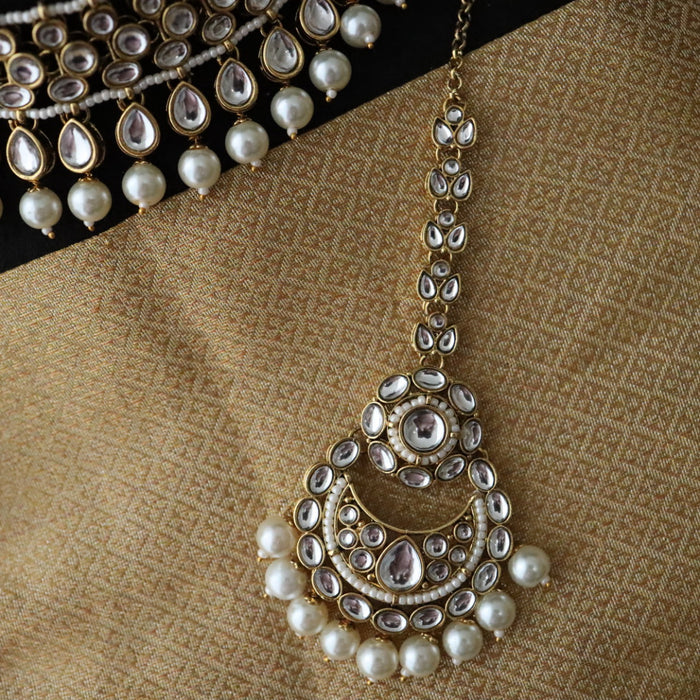 Heera white Kundan stone and pearls necklace with earrings and tikka 176322112