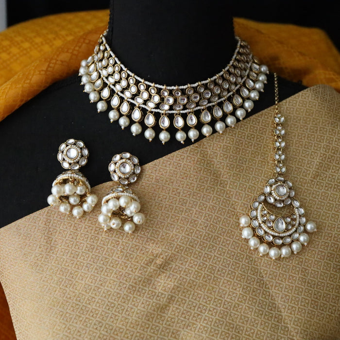 Heera white Kundan stone and pearls necklace with earrings and tikka 176322112