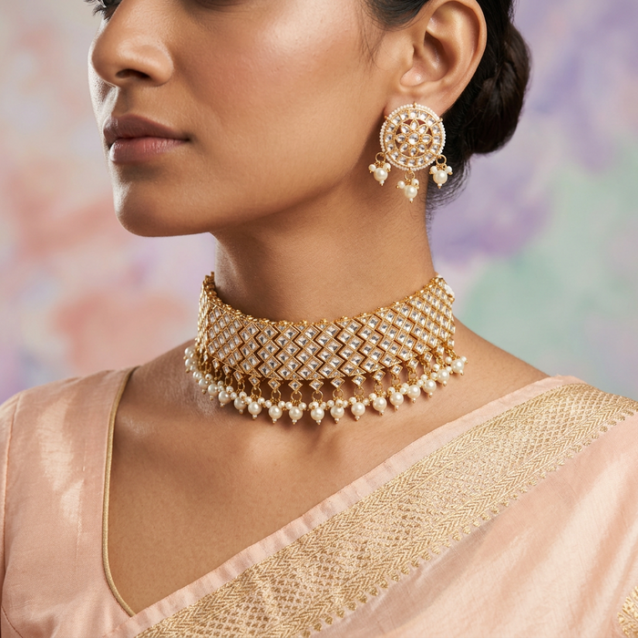 Heera white Kundan stone and pearls choker with earrings and tikka 17632214