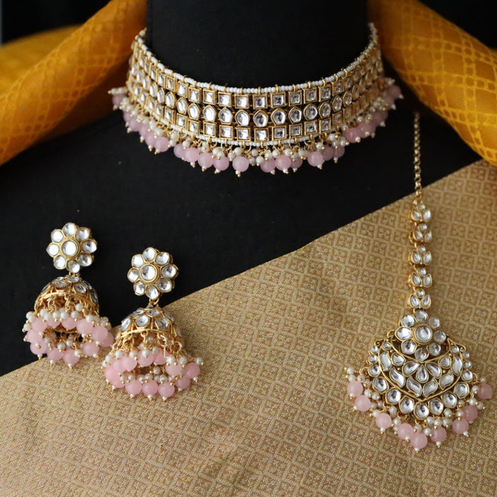 Heera white Kundan stone and pink pearls necklace with earrings and tikka 176311