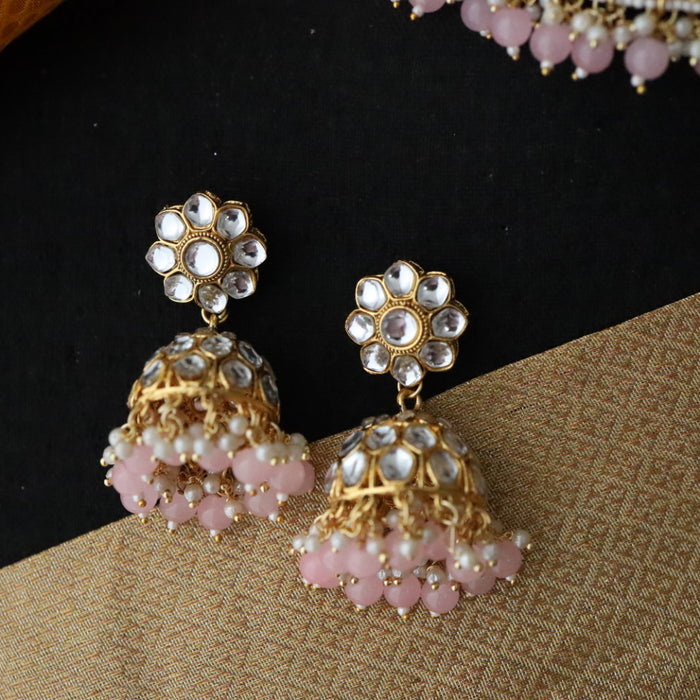 Heera white Kundan stone and pink pearls necklace with earrings and tikka 176311