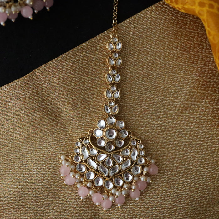 Heera white Kundan stone and pink pearls necklace with earrings and tikka 176311