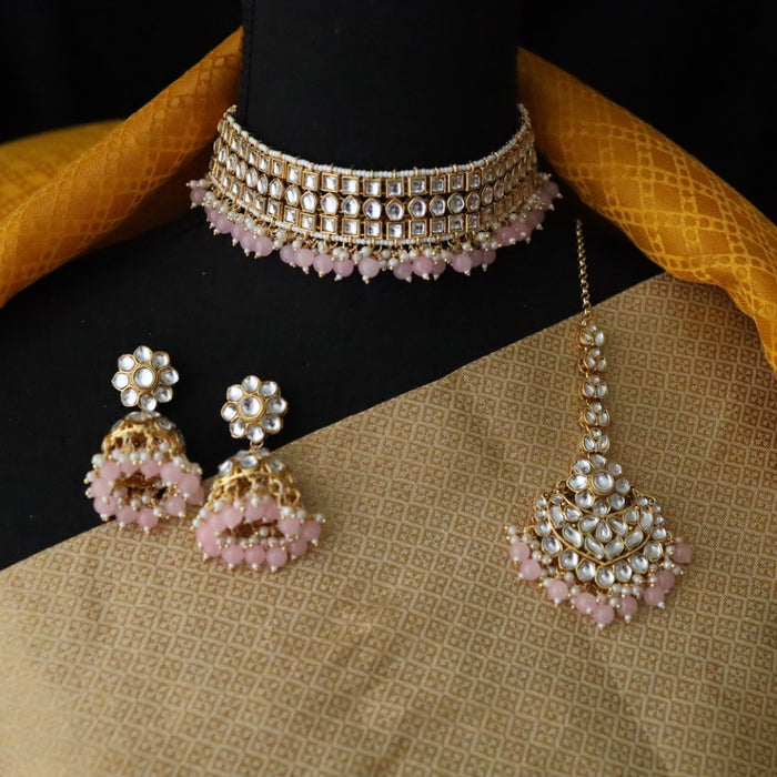 Heera white Kundan stone and pink pearls necklace with earrings and tikka 176311