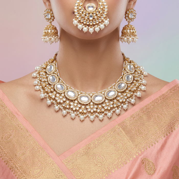 Heera white Kundan stone and pink pearls necklace with earrings and tikka 176312