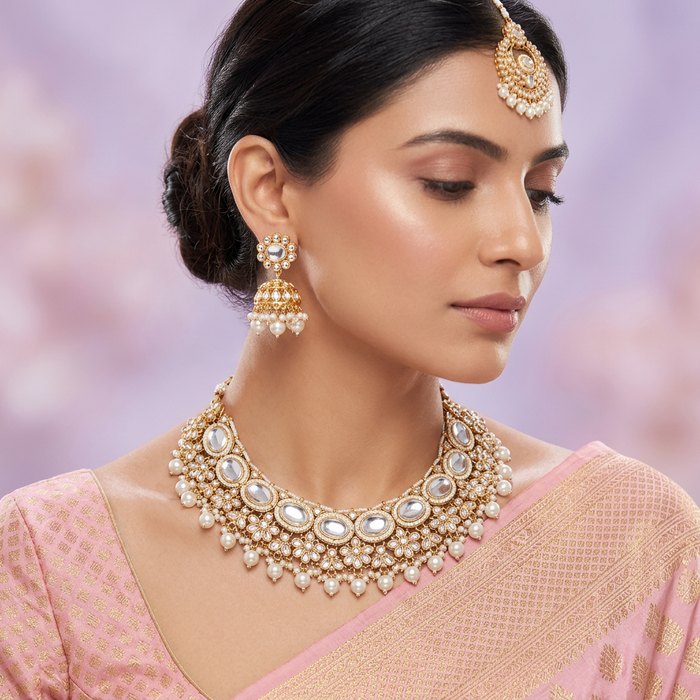 Heera white Kundan stone and pink pearls necklace with earrings and tikka 176312