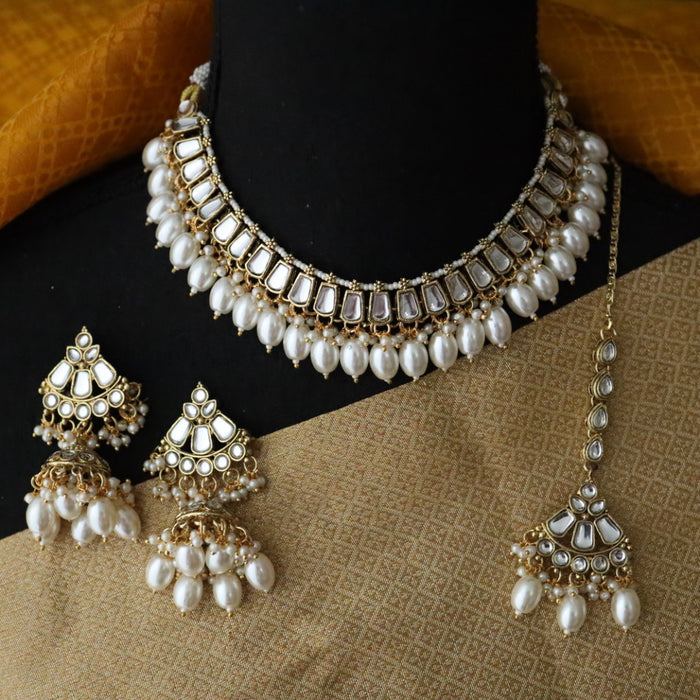 Heera white Kundan stone and pearls necklace with earrings and tikka 1763344