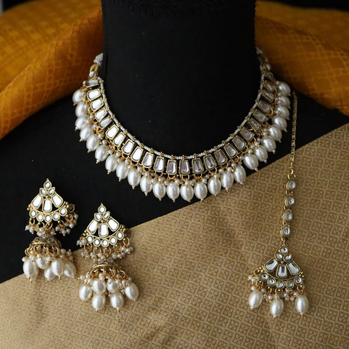 Heera white Kundan stone and pearls necklace with earrings and tikka 1763344