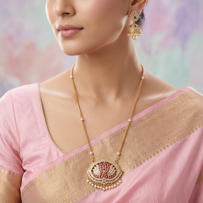 Heritage gold plated ruby white stone padakam chain with earrings HP014