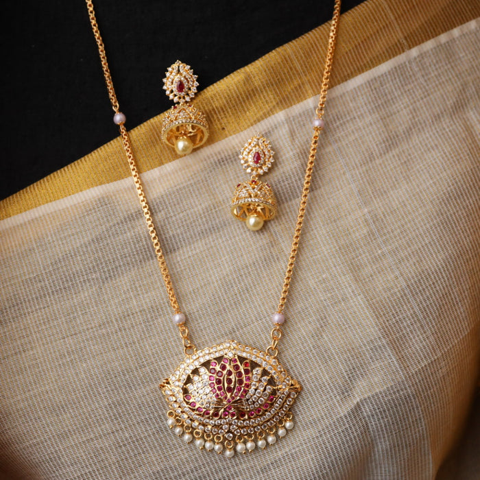 Heritage gold plated ruby white stone padakam chain with earrings HP014