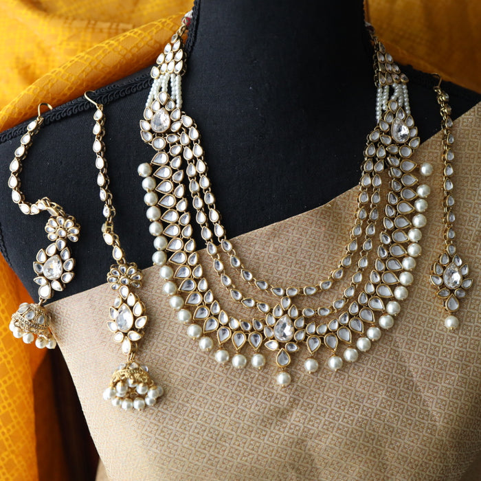 Heera white Kundan stone and pearls choker with earrings and tikka 1763334