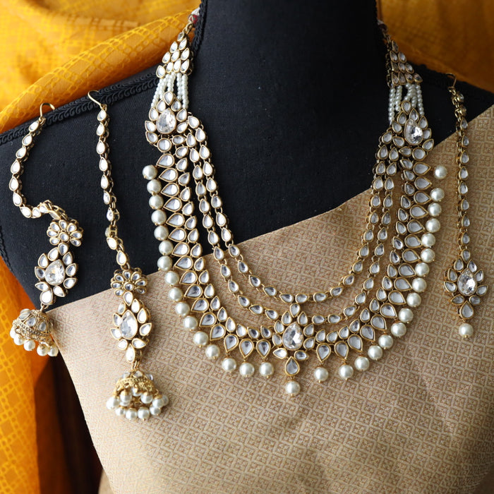 Heera white Kundan stone and pearls choker with earrings and tikka 1763334