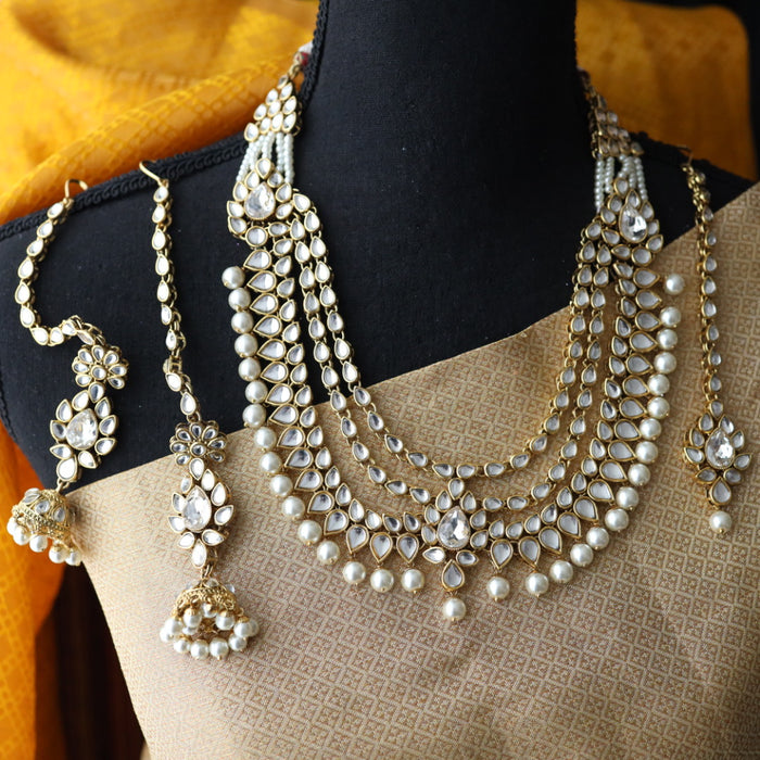 Heera white Kundan stone and pearls choker with earrings and tikka 1763334