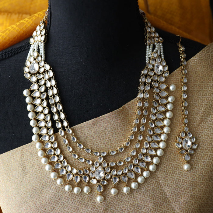 Heera white Kundan stone and pearls choker with earrings and tikka 1763334