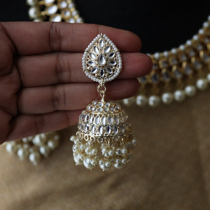 Heera white Kundan stone and pearls choker with earrings and tikka 1763335