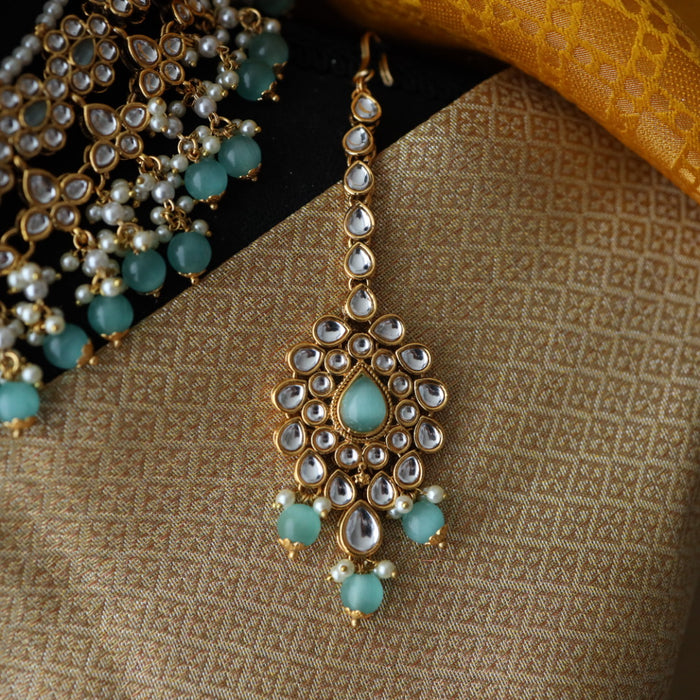 Heera white Kundan stone and mint pearls choker with earrings and tikka 1763340