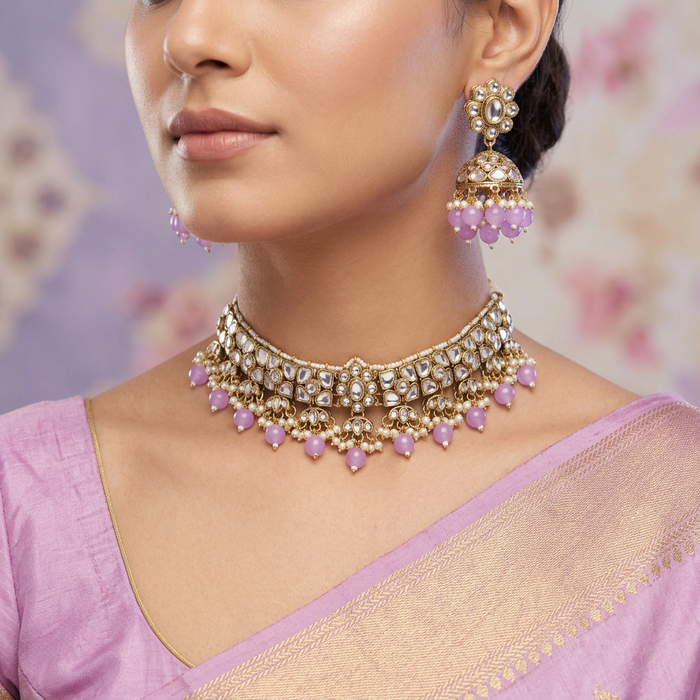 Heera white Kundan stone and purple pearls choker with earrings and tikka 1763340