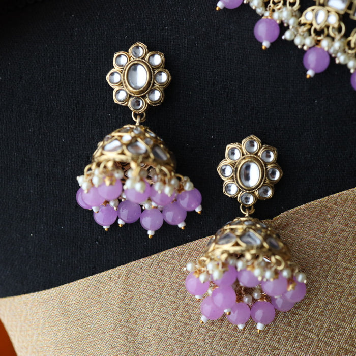 Heera white Kundan stone and purple pearls choker with earrings and tikka 1763340