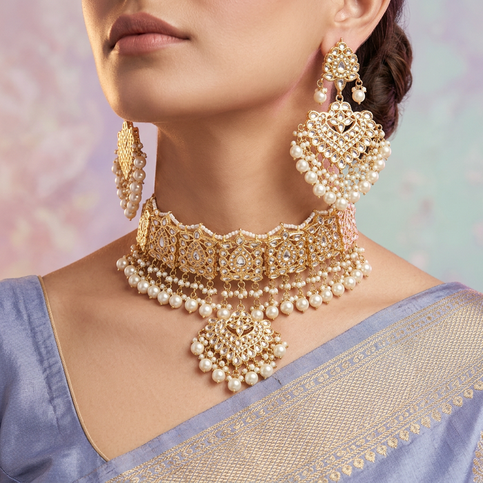 Heera white Kundan stone and pearls choker with earrings and tikka 1763343