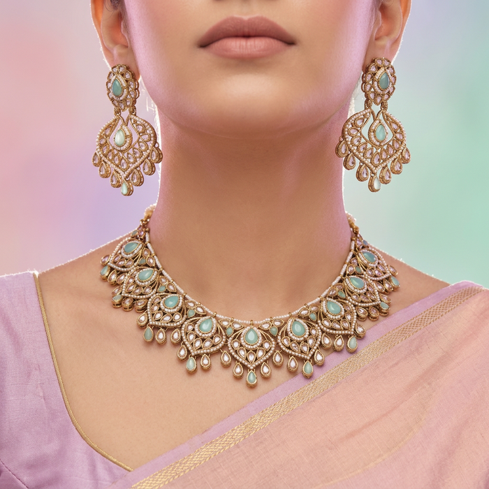 Trendy mint stone short necklace with earrings TM0027