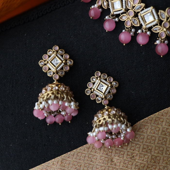 Trendy pink  pearls choker with earrings and tikka 1763378