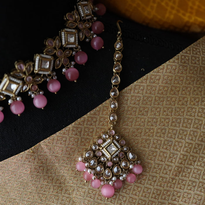 Trendy pink  pearls choker with earrings and tikka 1763378