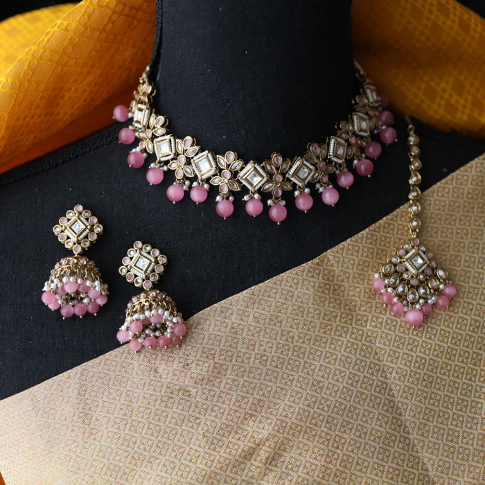 Trendy pink  pearls choker with earrings and tikka 1763378