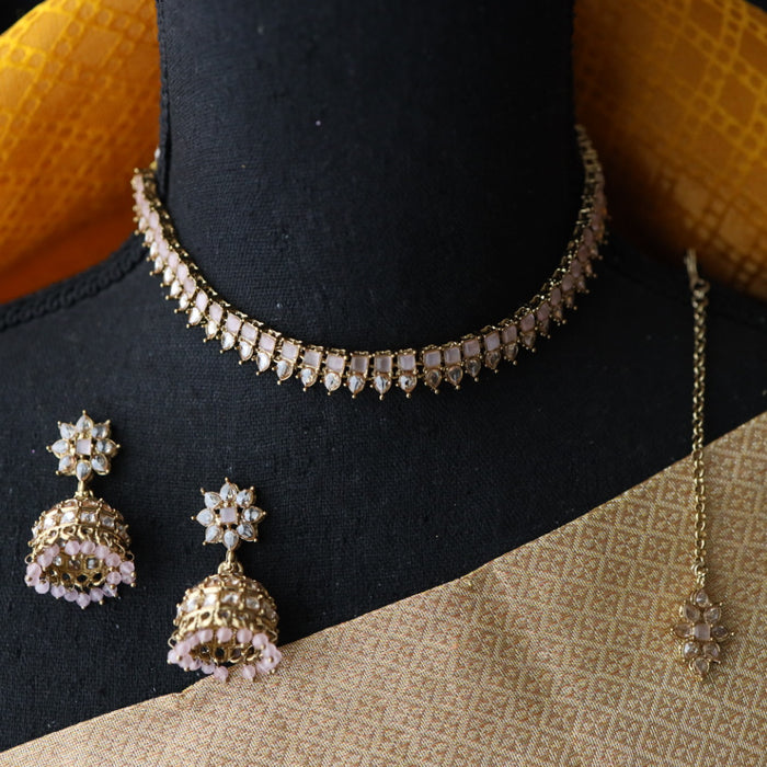 Trendy pink stone pearls choker with earrings and tikka 1763380