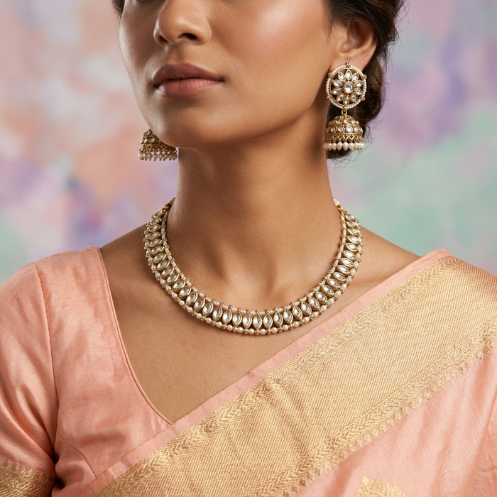 Trendy white stone short necklace with earrings and tikka TW001