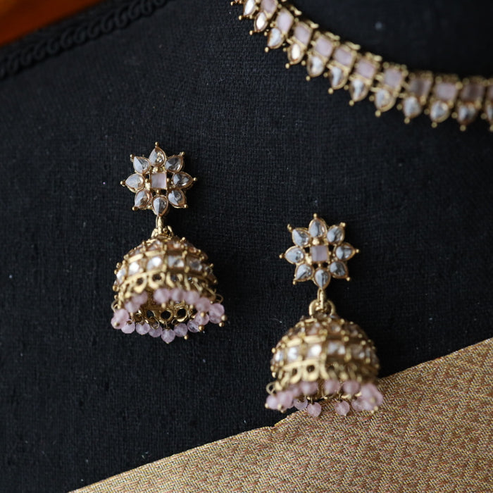 Trendy pink stone pearls choker with earrings and tikka 1763380