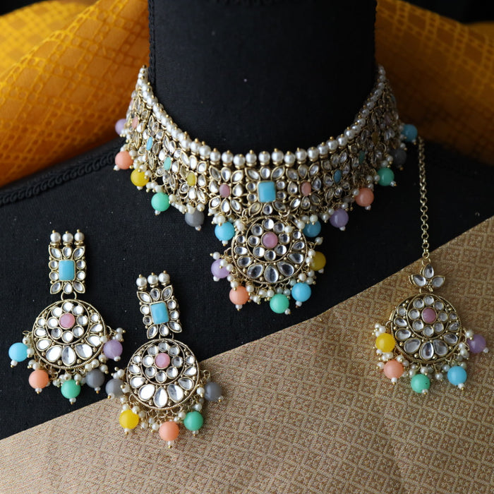 Heera white Kundan stone and multi colour pearls choker with earrings and tikka 1763343