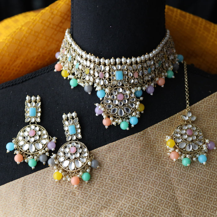 Heera white Kundan stone and multi colour pearls choker with earrings and tikka 1763343