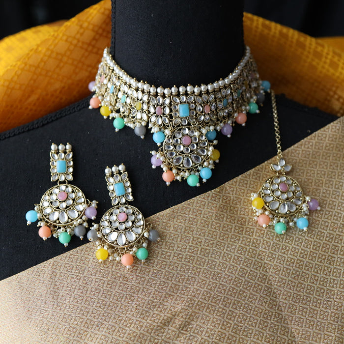 Heera white Kundan stone and multi colour pearls choker with earrings and tikka 1763343