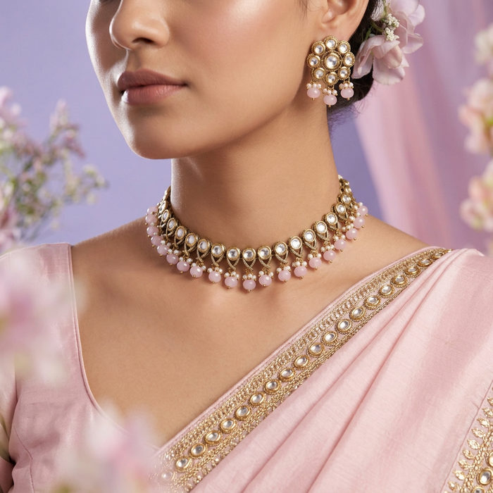 Trendy white stone and pink pearls necklace with earrings and tikka TP001