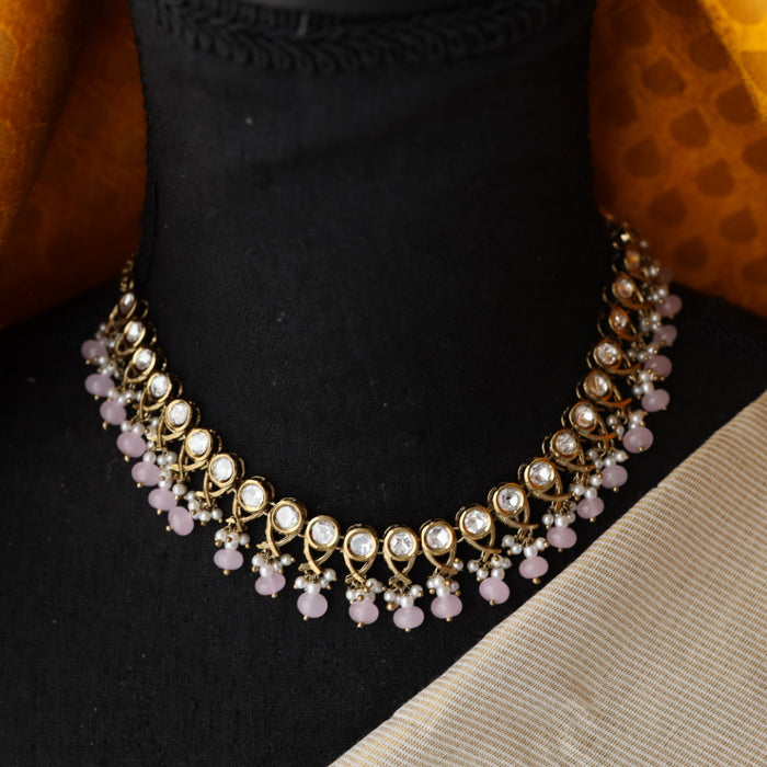 Trendy white stone and pink pearls necklace with earrings and tikka TP001