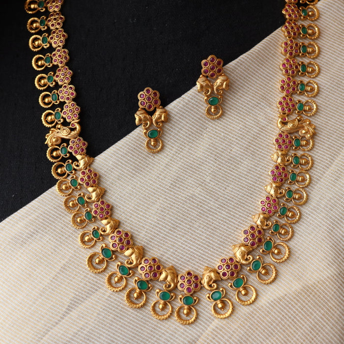 Antique ruby green stone long necklace/ waistchain and earrings LL03120