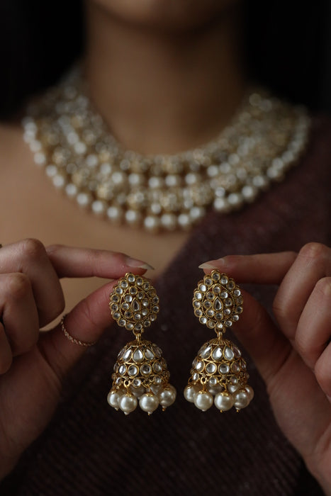 Trendy white beads short necklace with earrings and tikka 23492765