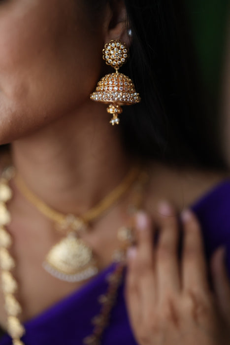 Heritage gold white stone and pearl  jumka earrings HJ7539
