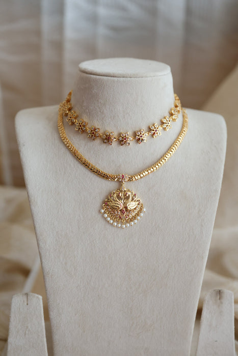 Heritage gold plated ruby white stone short necklace set set H690