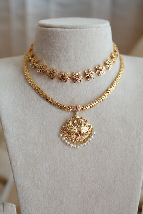 Heritage gold plated ruby white stone short necklace set set H690