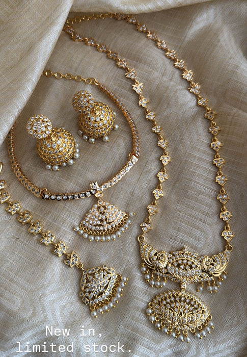 Heritage gold plated white stone padakam necklace set with earrings HP304