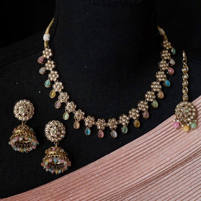 Trendy multi colour bead choker necklace with earrings and tikka 1488988