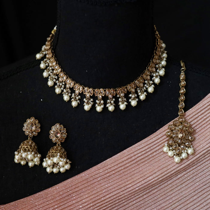 Trendy pearl bead choker necklace with earrings and tikka 1488988