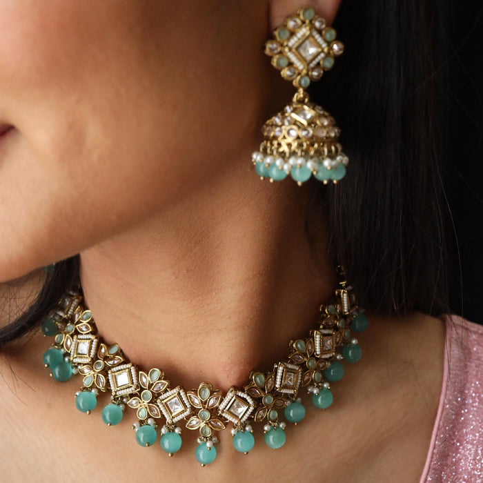 Trendy mint bead choker necklace with earrings and tikka 14877