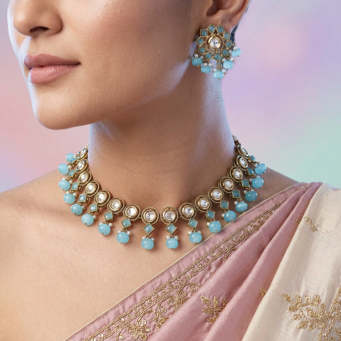 Trendy blue bead choker necklace with earrings and tikka TM132