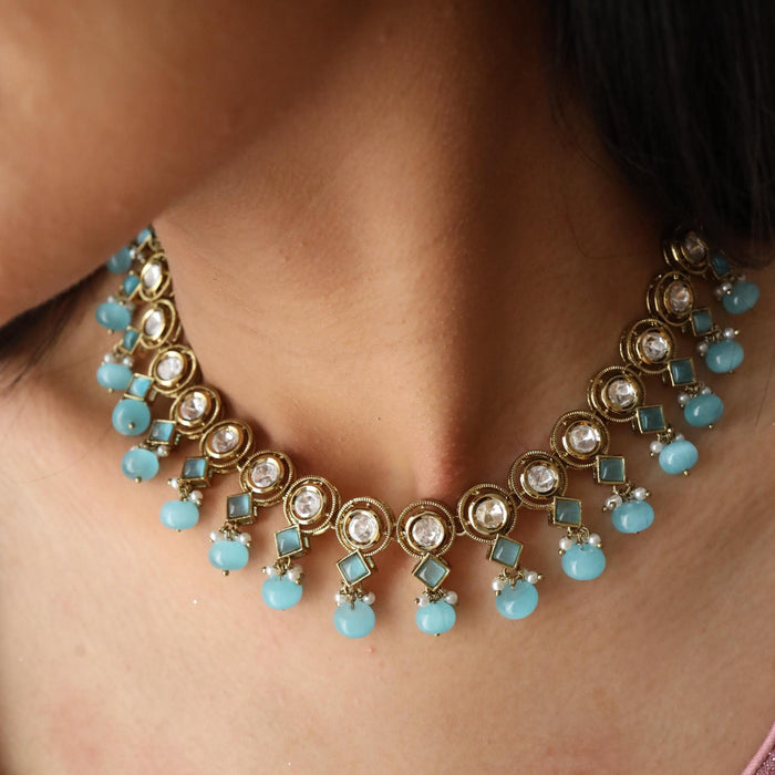 Trendy blue bead choker necklace with earrings and tikka 1488141